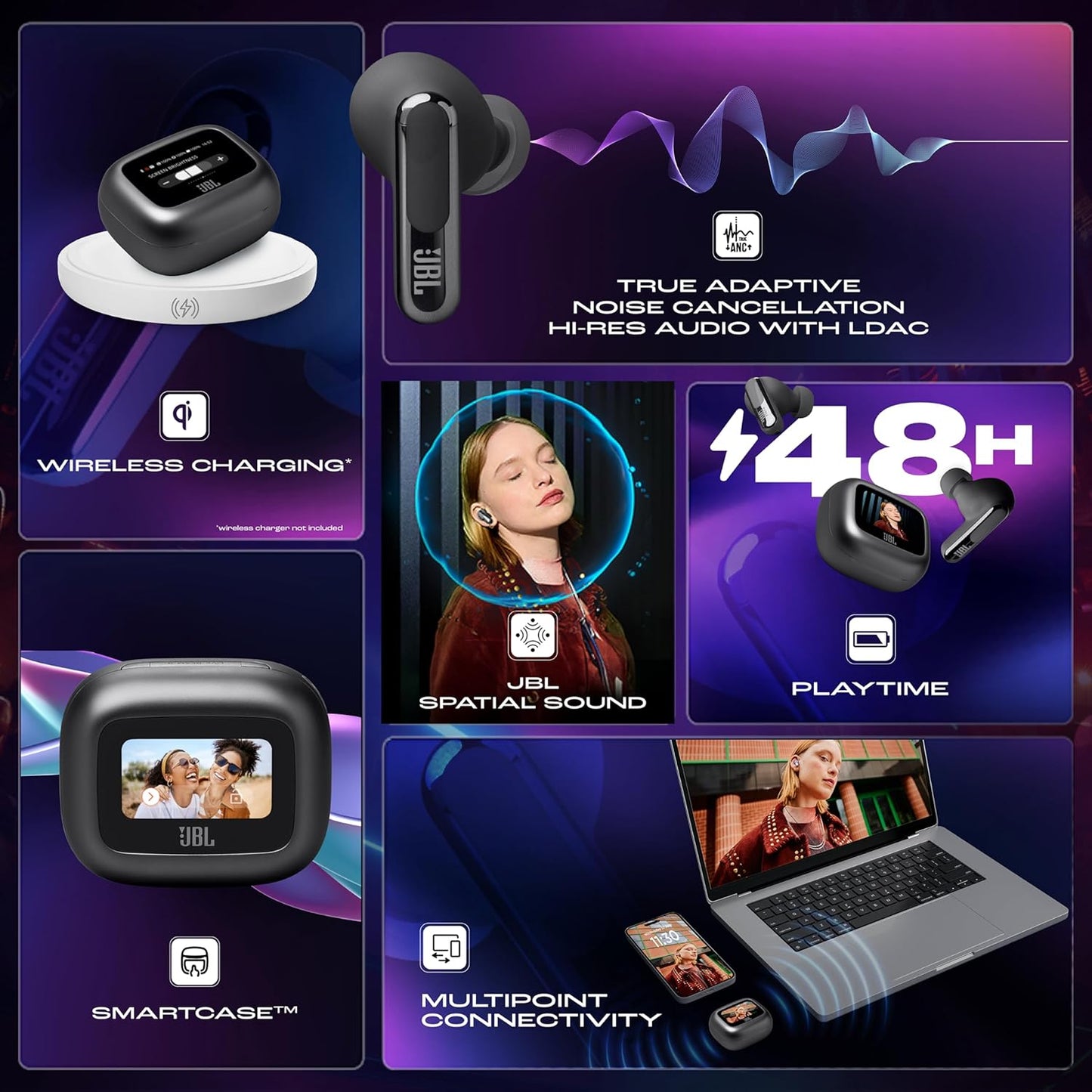 JBL New Launch Live Beam 3 TWS,Hi-Res Audio True ANC Earbuds,Smart Case with Touch Display,48H Playtime,Wireless Charging,6 Mic,Multipoint Connection,Ip55 Proof, Headphones App,Personi-Fi 3.0