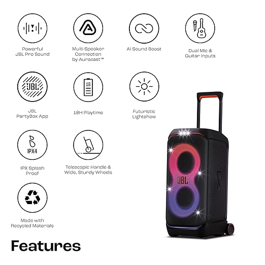 JBL Partybox 320, Portable Bluetooth 240W Party Speaker, AI Sound Boost, Futuristic Light Show, Multispeaker Connection by Auracast, Telescopic Handle & Wheels, Dual Guitar & Mic Inputs (Black)