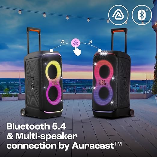 JBL Partybox 320, Portable Bluetooth 240W Party Speaker, AI Sound Boost, Futuristic Light Show, Multispeaker Connection by Auracast, Telescopic Handle & Wheels, Dual Guitar & Mic Inputs (Black)