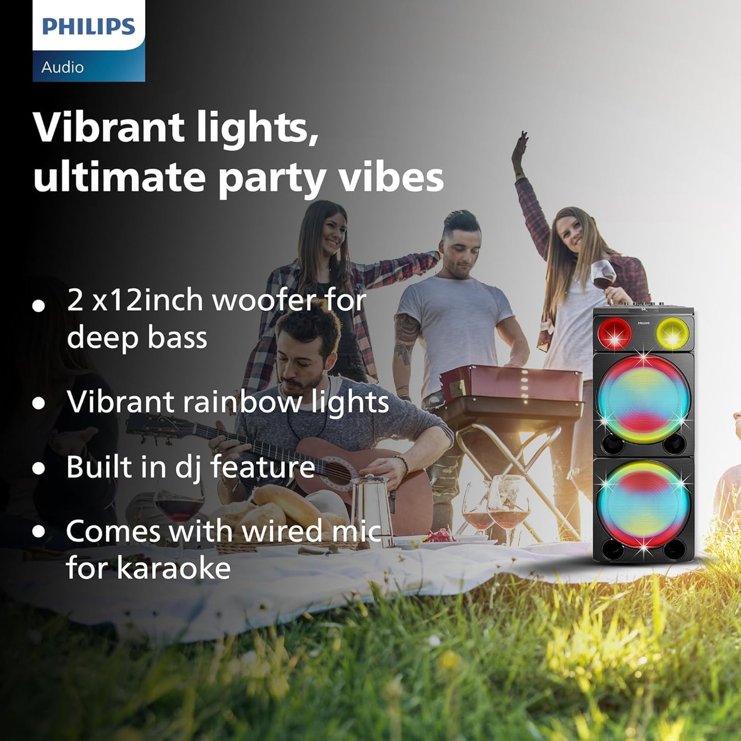 PHILIPS TAX5509 Bluetooth Wireless Party Speaker with 260W Output, Powerful Bass, DJ & Karaoke Effects, Full-Speaker Rainbow Lights, Shake The Room Sound (Black)