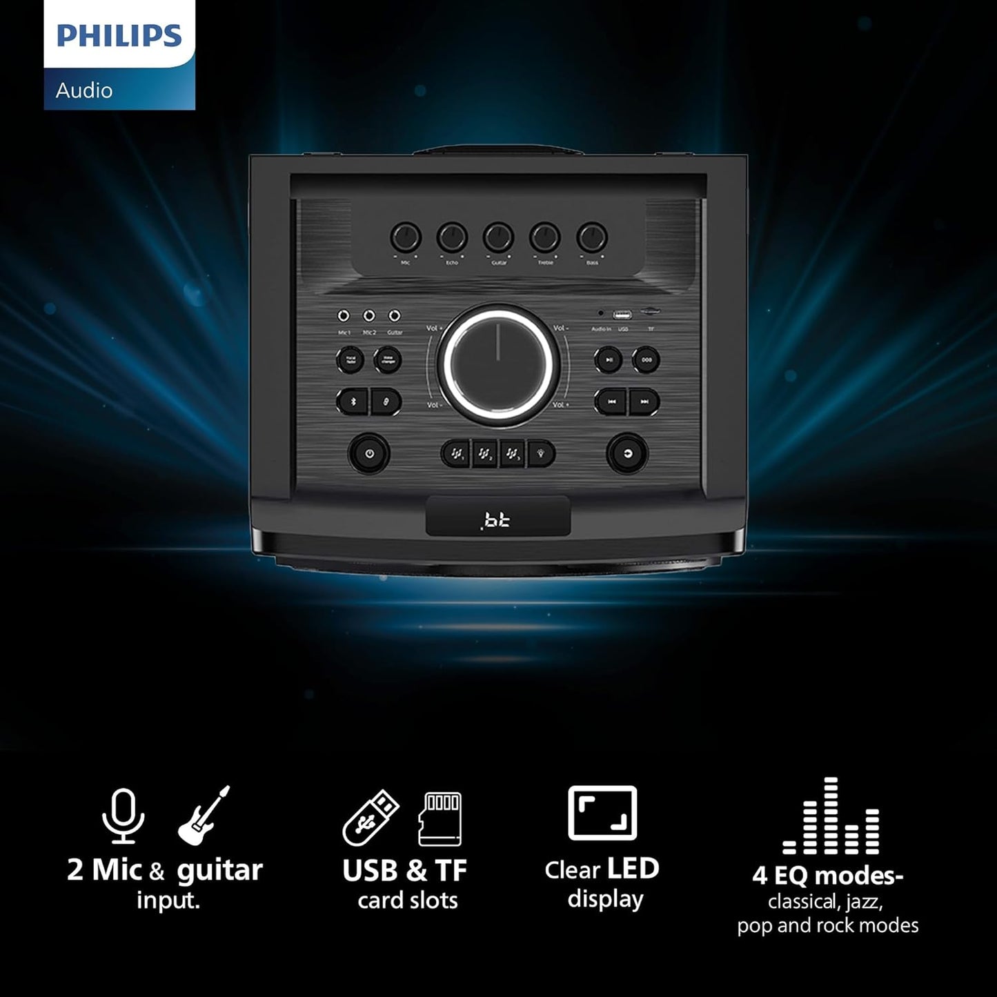PHILIPS TAX5509 Bluetooth Wireless Party Speaker with 260W Output, Powerful Bass, DJ & Karaoke Effects, Full-Speaker Rainbow Lights, Shake The Room Sound (Black)