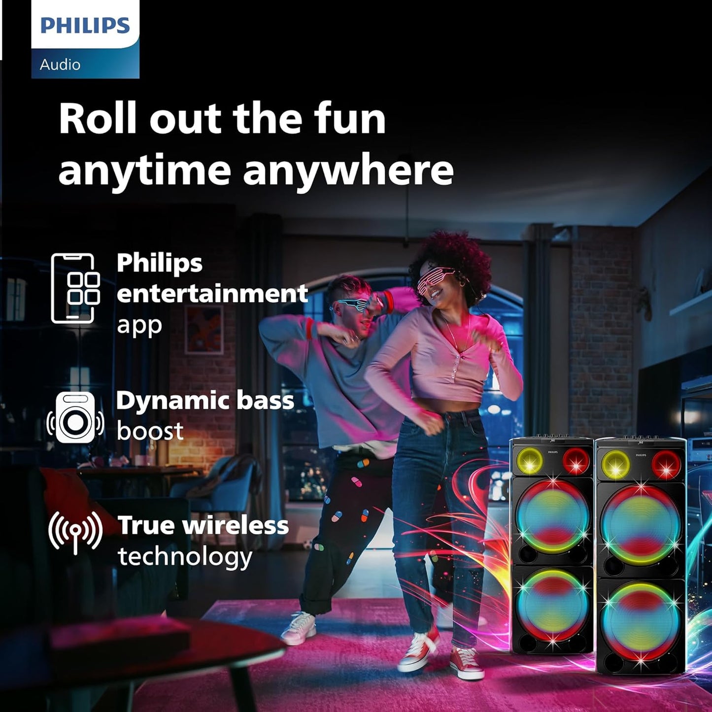 PHILIPS TAX5509 Bluetooth Wireless Party Speaker with 260W Output, Powerful Bass, DJ & Karaoke Effects, Full-Speaker Rainbow Lights, Shake The Room Sound (Black)