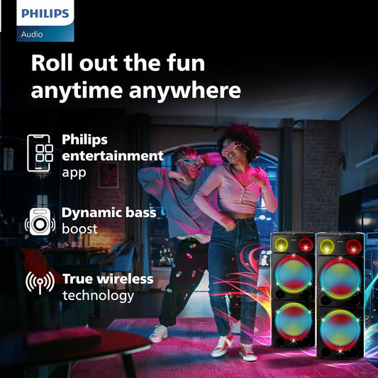 PHILIPS TAX5509 Bluetooth Wireless Party Speaker with 260W Output, Powerful Bass, DJ & Karaoke Effects, Full-Speaker Rainbow Lights, Shake The Room Sound (Black)