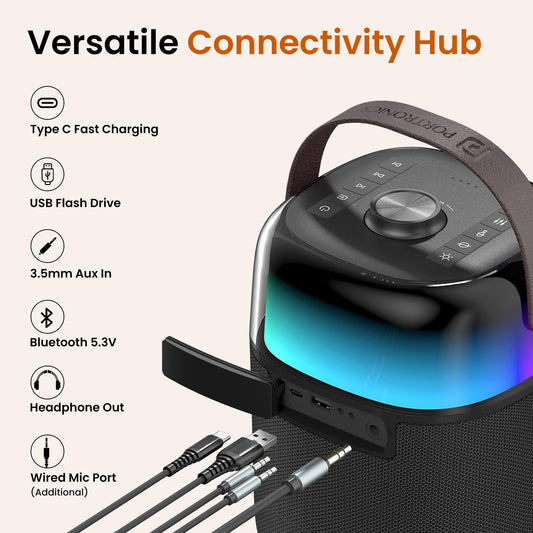 Portronics Dash 4 50W Wireless Bluetooth Party Speaker with Karaoke Mic, Upto 6 Hours Playtime, HD Sound, Bass Boost Technology, EQ Modes, 360° RGB Lights, BT 5.3v, AUX in, Type C Charging(Black)