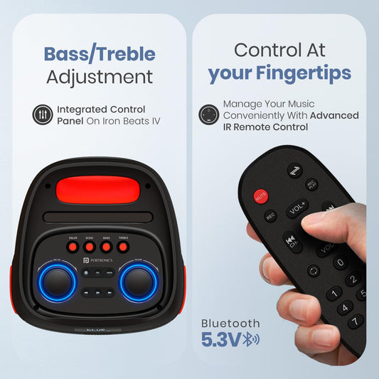 Portronics Iron Beats IV 250W Party Speaker with Dual 6" Subwoofer, Upto 4 Hours Playtime, RGB LED Lights, Wireless Karaoke Mic, Treble/Bass Adjustment, Echo Control, Remote Control(Black)