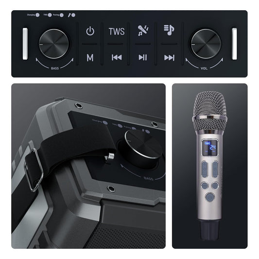 ZEBRONICS Music Bomb 2 Party Speaker with 80W, Supports Bluetooth, 6h Backup, USB, mSD, AUX, 6.3mm Guitar Input, TWS, Karaoke, Wireless Microphone, Detachable Carry Strap