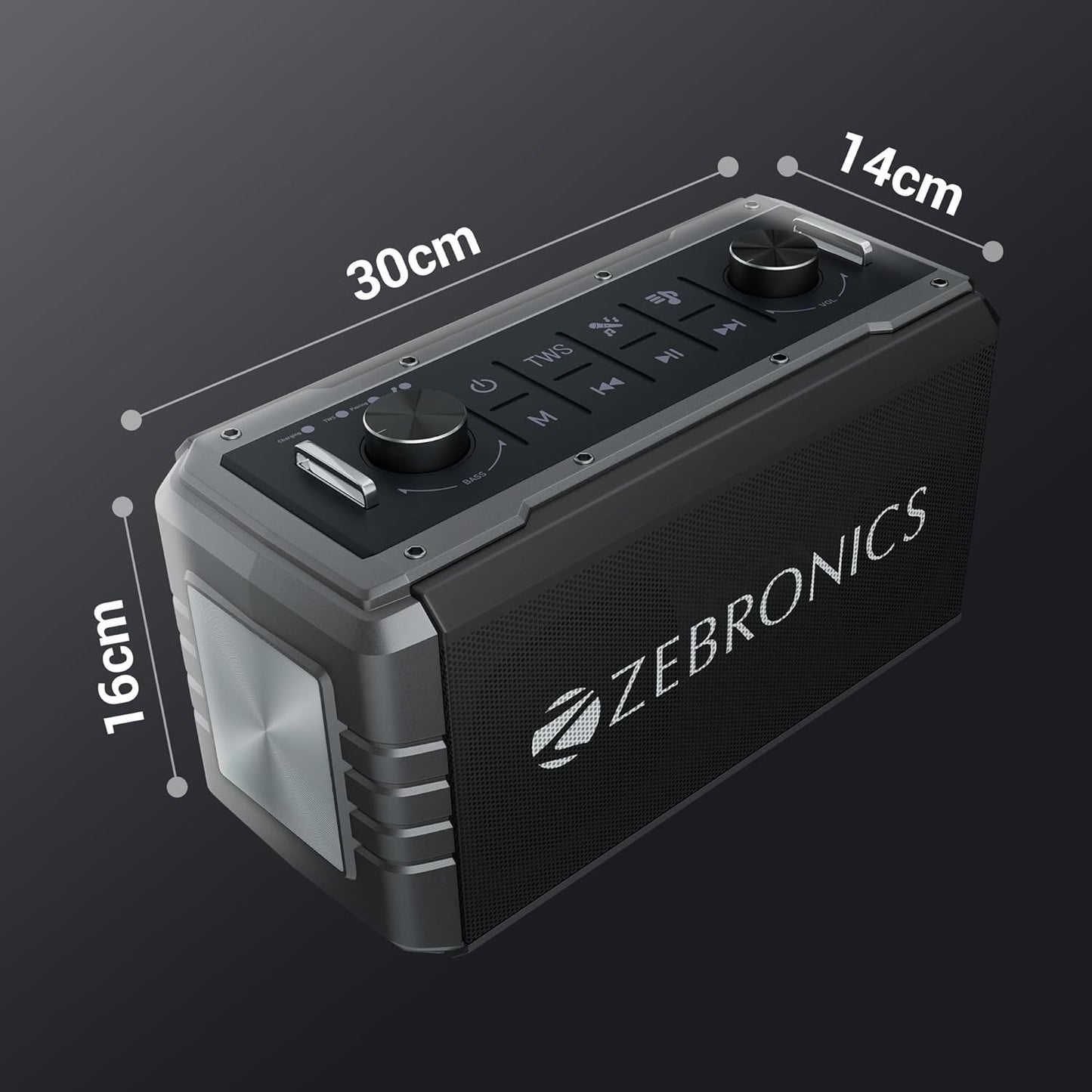 ZEBRONICS Music Bomb 2 Party Speaker with 80W, Supports Bluetooth, 6h Backup, USB, mSD, AUX, 6.3mm Guitar Input, TWS, Karaoke, Wireless Microphone, Detachable Carry Strap