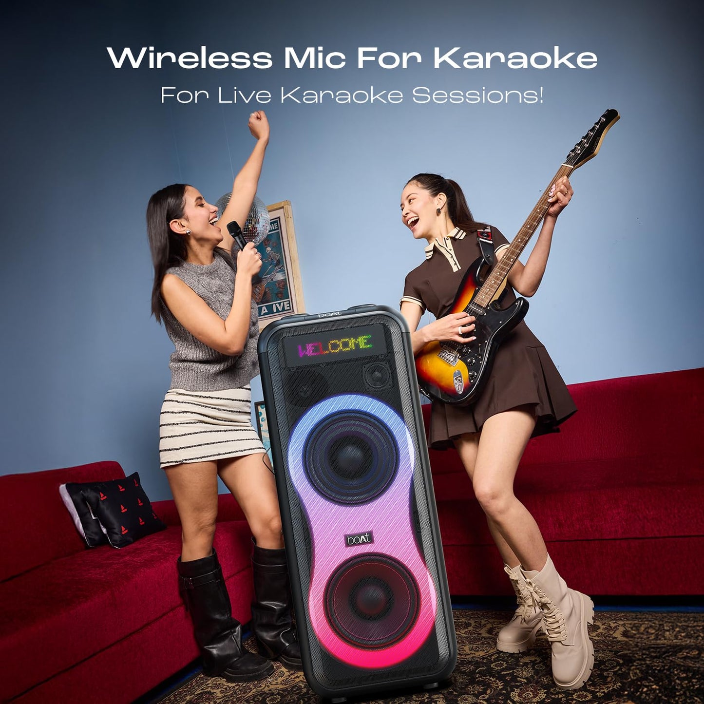 boAt New Launch PartyPal 600 Party Speaker, 220W Signature Sound, Dynamic Pixels, Animated Text Display, App Support, UHF Wireless Microphone, Colorful LEDs,7hrs Battery & Guitar Input(Premium Black)