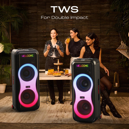 boAt New Launch PartyPal 600 Party Speaker, 220W Signature Sound, Dynamic Pixels, Animated Text Display, App Support, UHF Wireless Microphone, Colorful LEDs,7hrs Battery & Guitar Input(Premium Black)