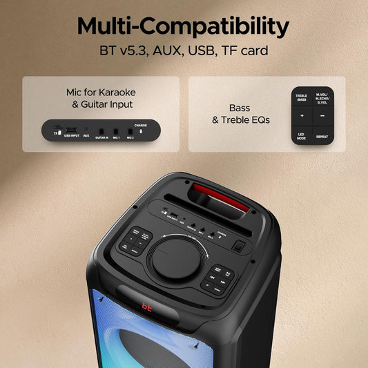 boAt Partypal 390/400 Speaker w/ 160 W Signature Sound, Karaoke with 2 Microphone Input Ports, Up to 6 hrs Playtime, EQ Modes, TWS Mode, Bluetooth v5.3, AUX Port, & USB Type-C Port(Space Black)