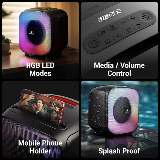 ZEBRONICS Sound Feast 800,Portable Party Bluetooth Speaker,55 Watts,6 Hours Playback,6.5 inch Powerful Driver,Wireless MIC,Karaoke,Mobile Holder,RGB,TWS | USB | AUX | 6.3mm MIC,Deep Bass,Black