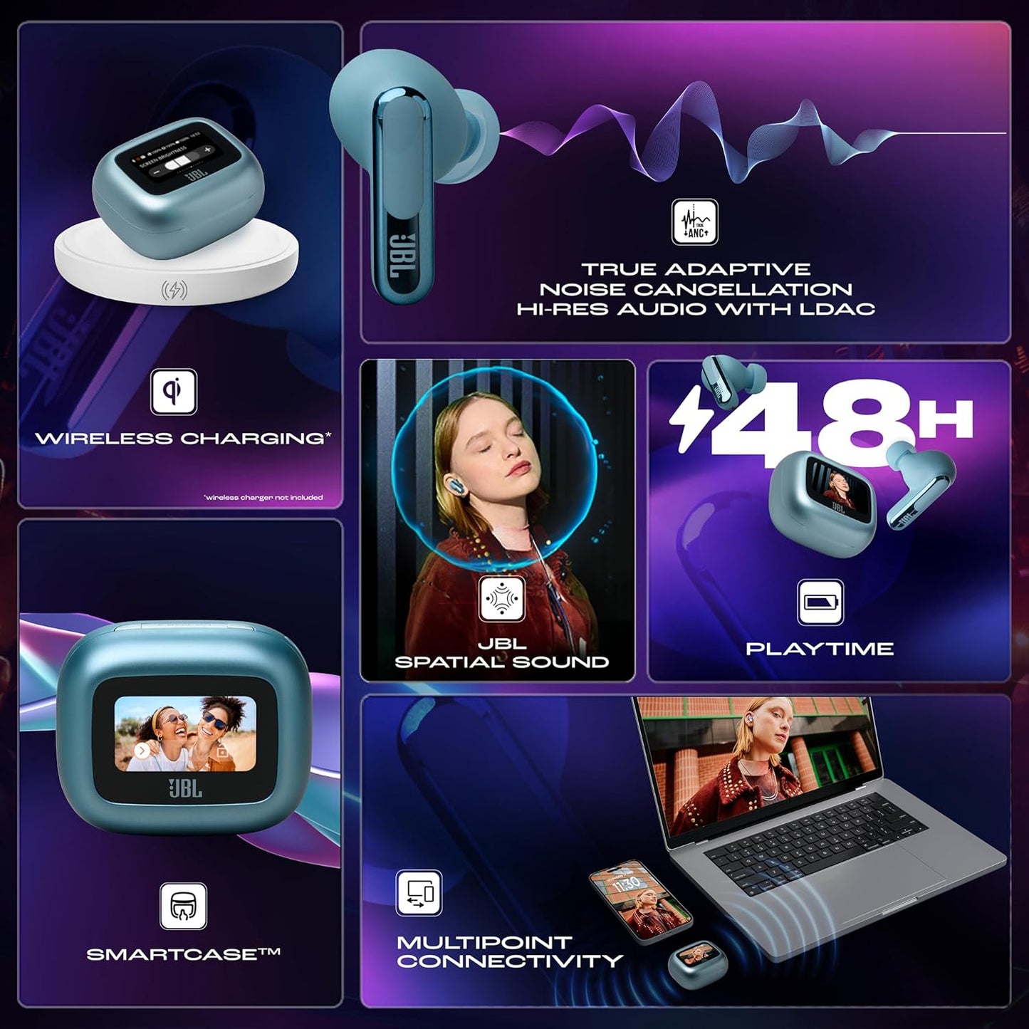 JBL New Launch Live Beam 3 TWS,Hi-Res Audio True ANC Earbuds,Smart Case with Touch Display,48H Playtime,Wireless Charging,6 Mic,Multipoint Connection,Ip55 Proof, Headphones App,Personi-Fi 3.0