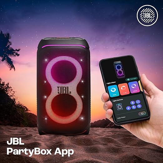 JBL Partybox 320, Portable Bluetooth 240W Party Speaker, AI Sound Boost, Futuristic Light Show, Multispeaker Connection by Auracast, Telescopic Handle & Wheels, Dual Guitar & Mic Inputs (Black)