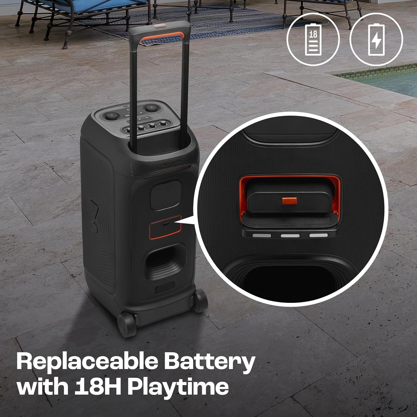 JBL Partybox 320, Portable Bluetooth 240W Party Speaker, AI Sound Boost, Futuristic Light Show, Multispeaker Connection by Auracast, Telescopic Handle & Wheels, Dual Guitar & Mic Inputs (Black)