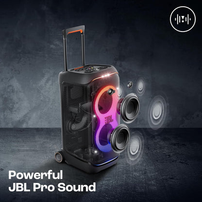 JBL Partybox 320, Portable Bluetooth 240W Party Speaker, AI Sound Boost, Futuristic Light Show, Multispeaker Connection by Auracast, Telescopic Handle & Wheels, Dual Guitar & Mic Inputs (Black)