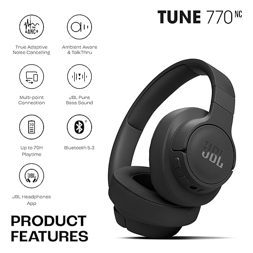 JBL Tune 770NC Wireless Over Ear ANC Headphones with Mic, Upto 70 Hrs Battery, Speed Charge : 5 min Charge Gives up to 3H of Playback, Google Fast Pair, Dual Pairing, BT 5.3