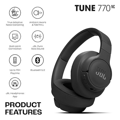 JBL Tune 770NC Wireless Over Ear ANC Headphones with Mic, Upto 70 Hrs Battery, Speed Charge : 5 min Charge Gives up to 3H of Playback, Google Fast Pair, Dual Pairing, BT 5.3