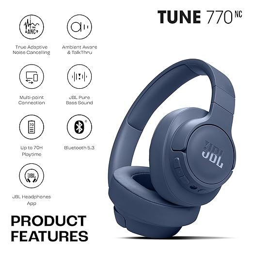 JBL Tune 770NC Wireless Over Ear ANC Headphones with Mic, Upto 70 Hrs Battery, Speed Charge : 5 min Charge Gives up to 3H of Playback, Google Fast Pair, Dual Pairing, BT 5.3