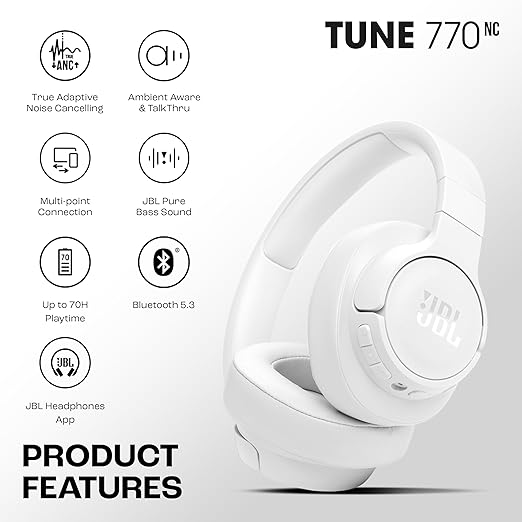 JBL Tune 770NC Wireless Over Ear ANC Headphones with Mic, Upto 70 Hrs Battery, Speed Charge : 5 min Charge Gives up to 3H of Playback, Google Fast Pair, Dual Pairing, BT 5.3
