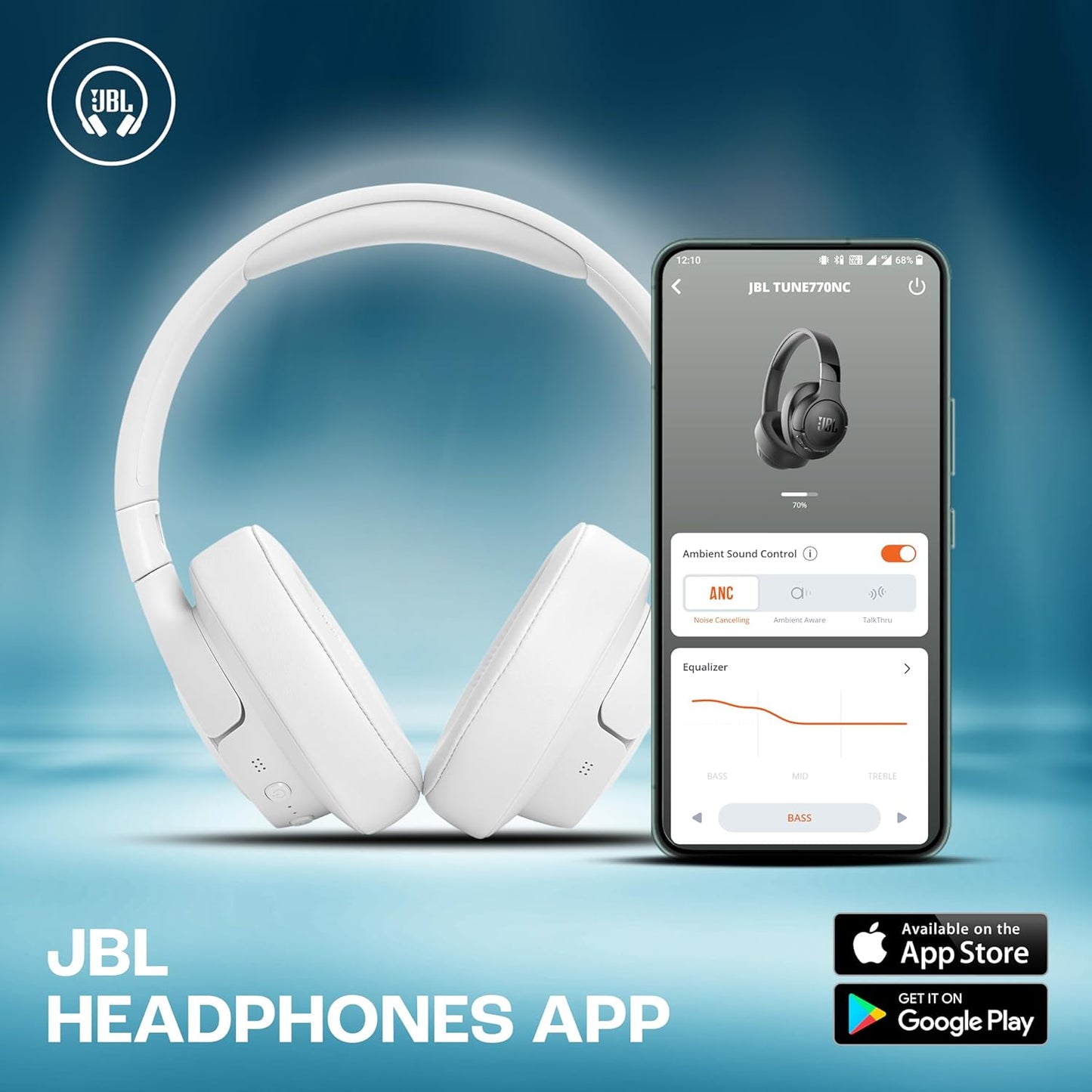 JBL Tune 770NC Wireless Over Ear ANC Headphones with Mic, Upto 70 Hrs Battery, Speed Charge : 5 min Charge Gives up to 3H of Playback, Google Fast Pair, Dual Pairing, BT 5.3
