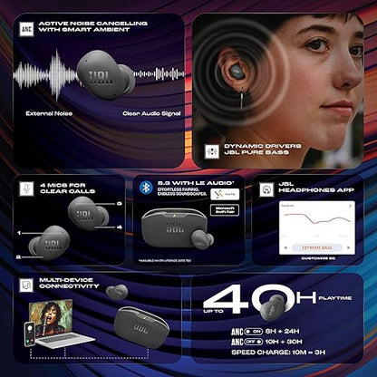 JBL Wave Buds 2 Ear Buds Wireless BluetoothV5.3, Active Noise Cancellation EarBuds,Multi Connect, App for Customized Extra Bass Eq, Relax Mode,Speed Charge, 40H Playback, Fast Pair, 4 Mics,IP54