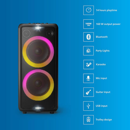 PHILIPS Party Speaker TAX5206, 160W Output, 14 hrs Playtime, 2X 8 Woofer & 2 x 2.5 Tweeter, Guitar & Mic Input, Party Lights, Trolley with Wheels (Black)