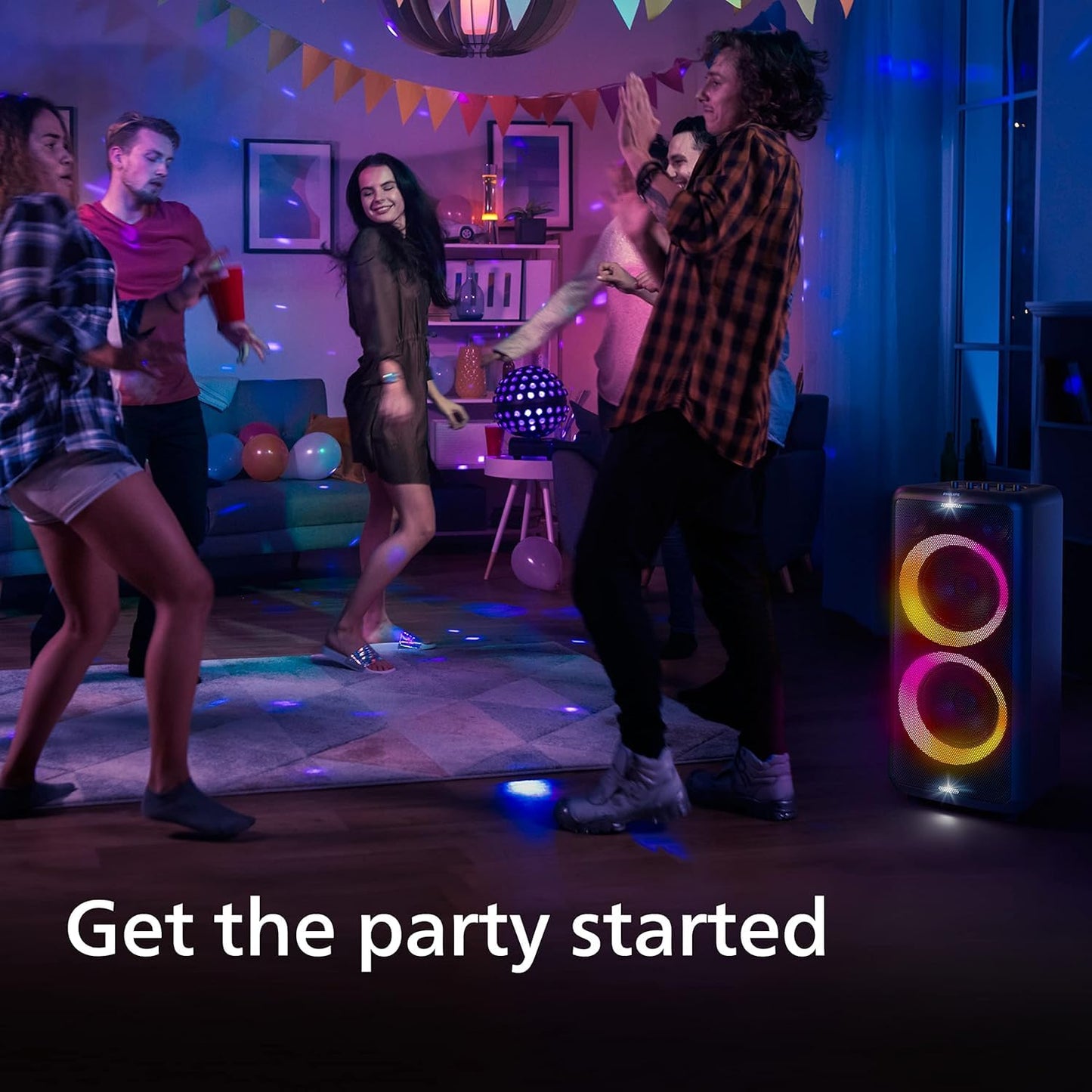 PHILIPS Party Speaker TAX5206, 160W Output, 14 hrs Playtime, 2X 8 Woofer & 2 x 2.5 Tweeter, Guitar & Mic Input, Party Lights, Trolley with Wheels (Black)