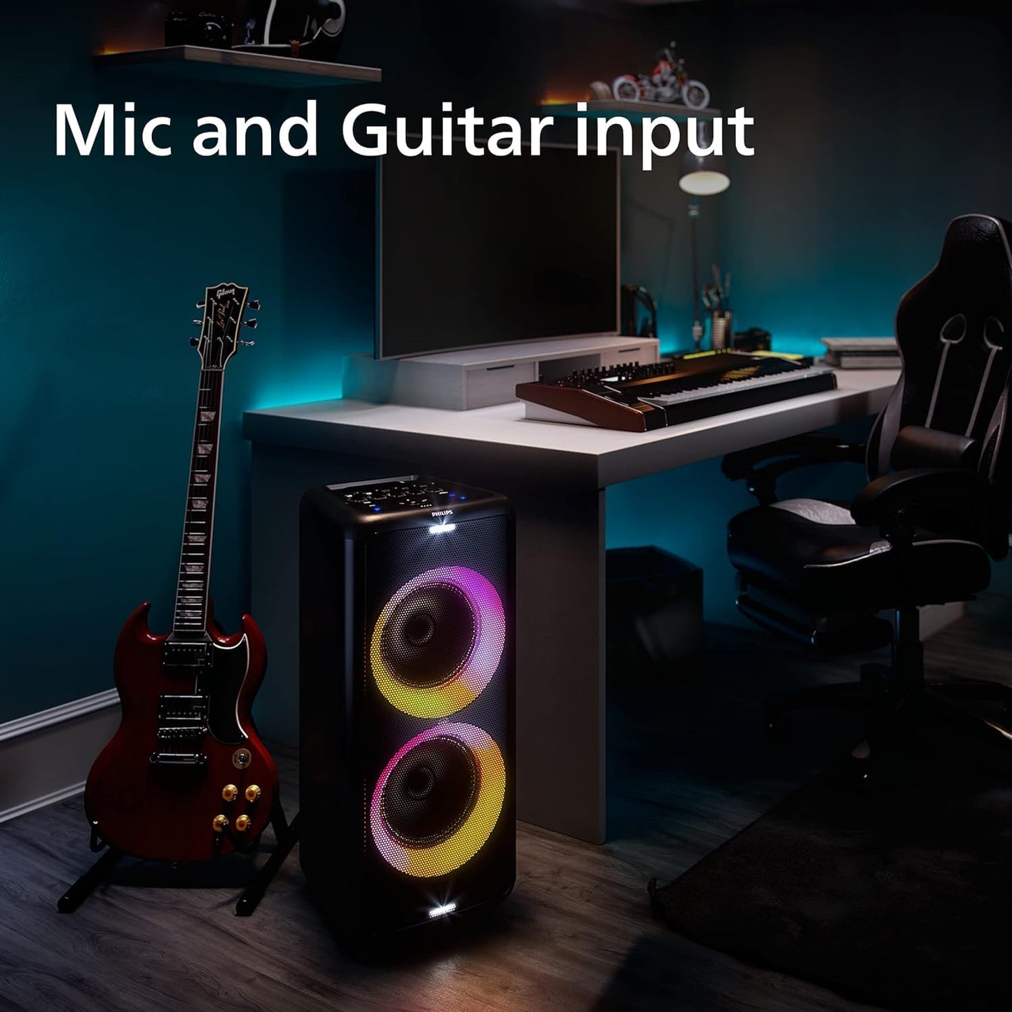 PHILIPS Party Speaker TAX5206, 160W Output, 14 hrs Playtime, 2X 8 Woofer & 2 x 2.5 Tweeter, Guitar & Mic Input, Party Lights, Trolley with Wheels (Black)