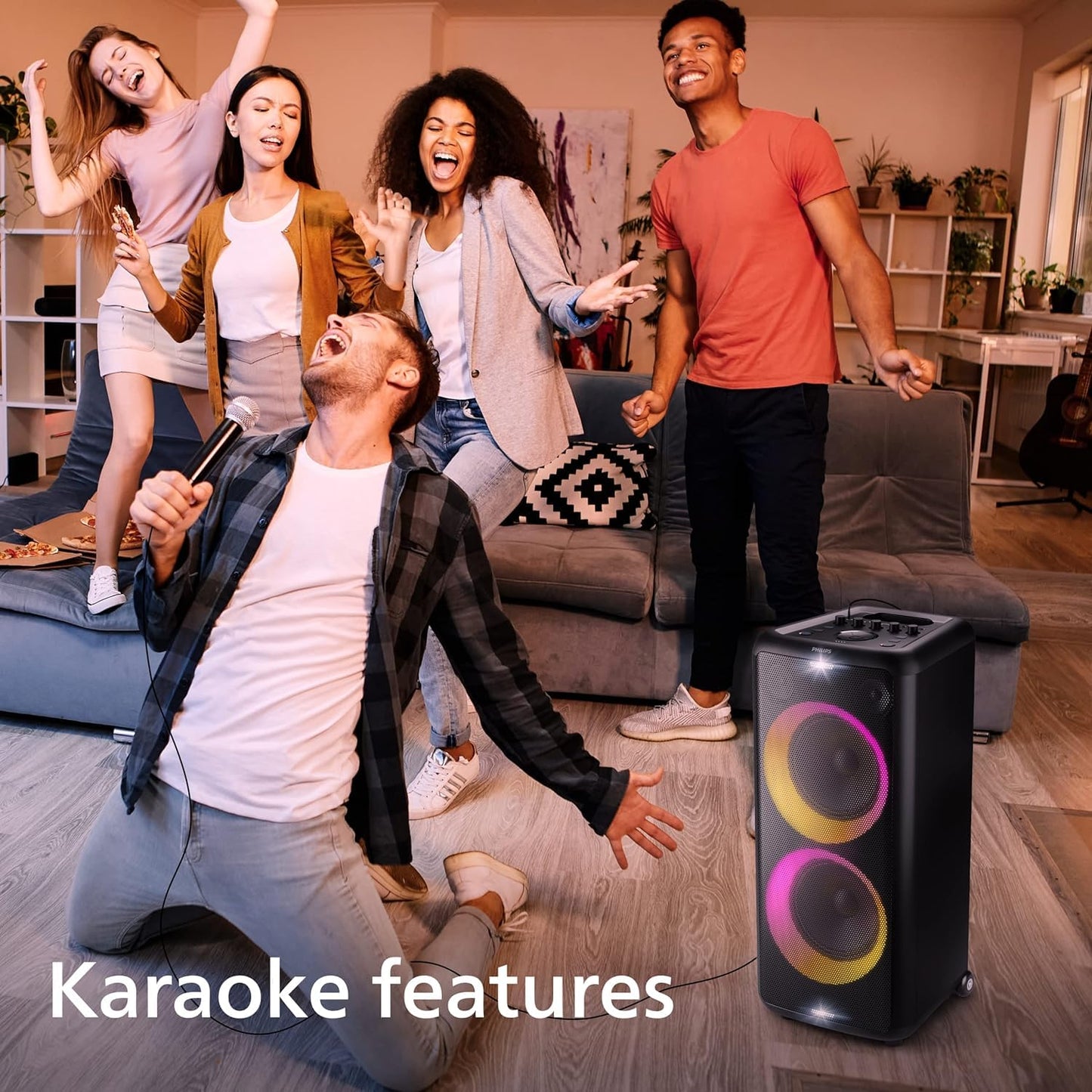 PHILIPS Party Speaker TAX5206, 160W Output, 14 hrs Playtime, 2X 8 Woofer & 2 x 2.5 Tweeter, Guitar & Mic Input, Party Lights, Trolley with Wheels (Black)