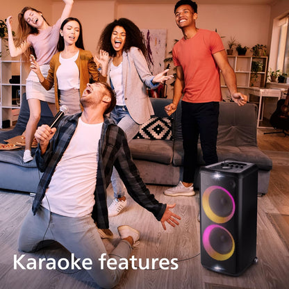 PHILIPS Party Speaker TAX5206, 160W Output, 14 hrs Playtime, 2X 8 Woofer & 2 x 2.5 Tweeter, Guitar & Mic Input, Party Lights, Trolley with Wheels (Black)