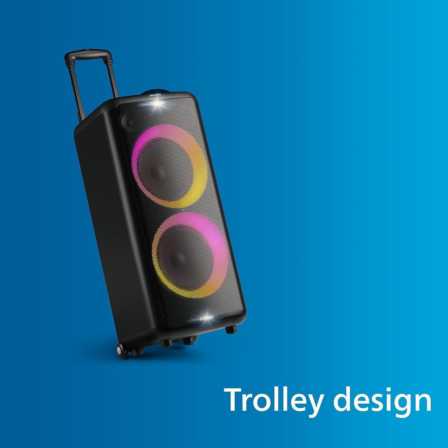 PHILIPS Party Speaker TAX5206, 160W Output, 14 hrs Playtime, 2X 8 Woofer & 2 x 2.5 Tweeter, Guitar & Mic Input, Party Lights, Trolley with Wheels (Black)