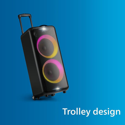 PHILIPS Party Speaker TAX5206, 160W Output, 14 hrs Playtime, 2X 8 Woofer & 2 x 2.5 Tweeter, Guitar & Mic Input, Party Lights, Trolley with Wheels (Black)