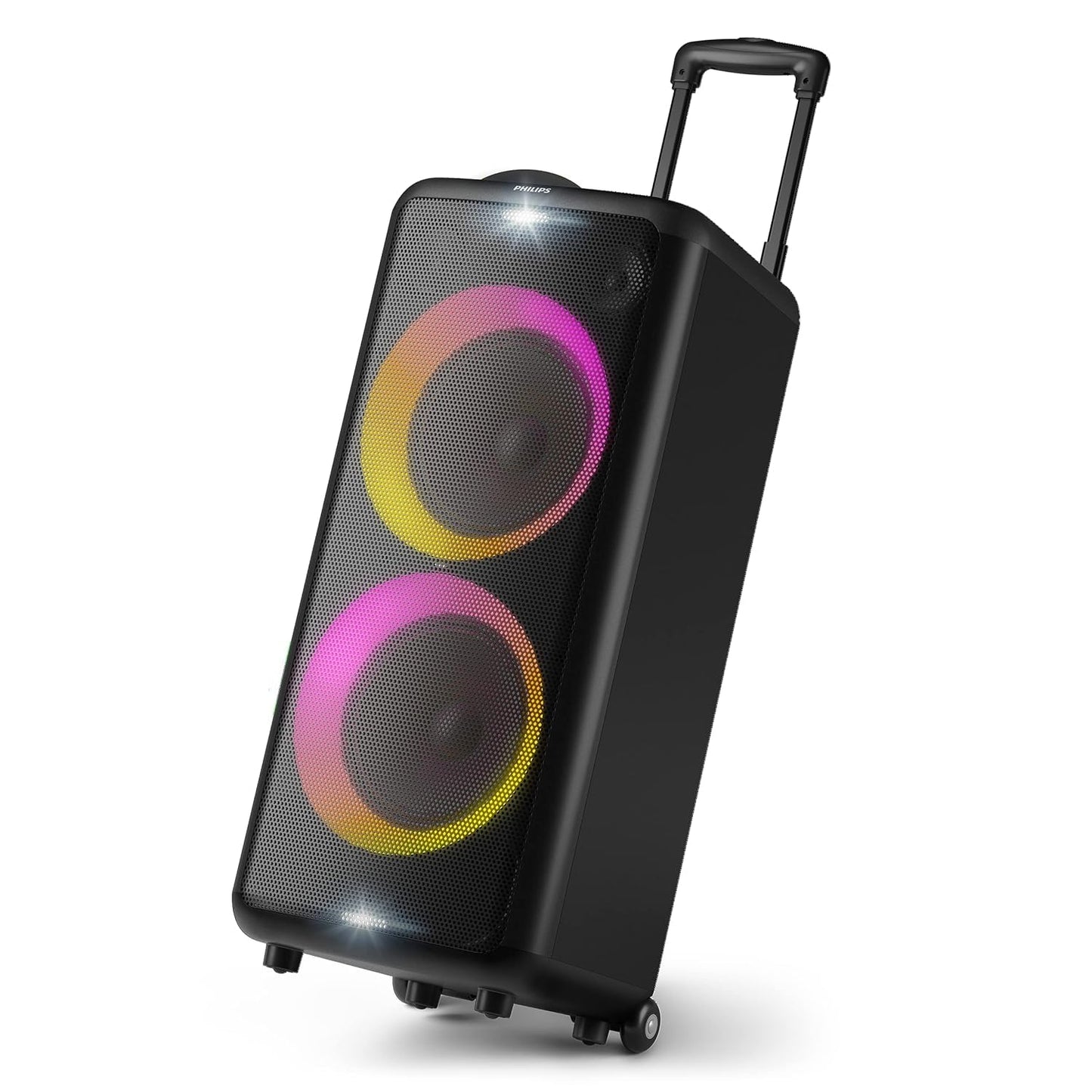 PHILIPS Party Speaker TAX5206, 160W Output, 14 hrs Playtime, 2X 8 Woofer & 2 x 2.5 Tweeter, Guitar & Mic Input, Party Lights, Trolley with Wheels (Black)