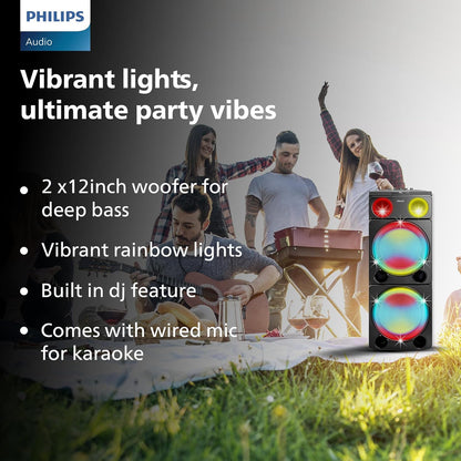 PHILIPS TAX5509 Bluetooth Wireless Party Speaker with 260W Output, Powerful Bass, DJ & Karaoke Effects, Full-Speaker Rainbow Lights, Shake The Room Sound (Black)