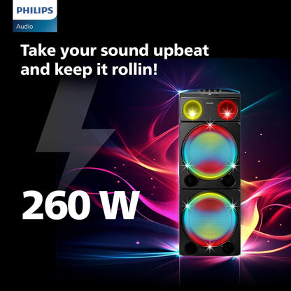 PHILIPS TAX5509 Bluetooth Wireless Party Speaker with 260W Output, Powerful Bass, DJ & Karaoke Effects, Full-Speaker Rainbow Lights, Shake The Room Sound (Black)