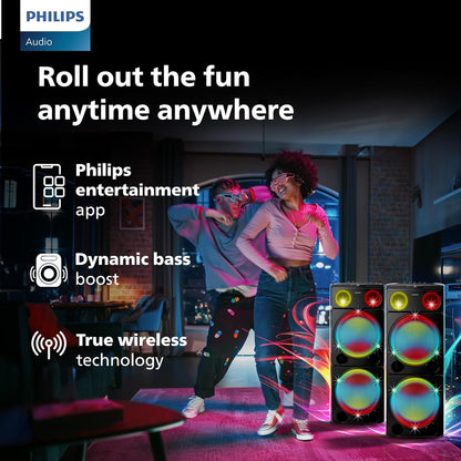 PHILIPS TAX5509 Bluetooth Wireless Party Speaker with 260W Output, Powerful Bass, DJ & Karaoke Effects, Full-Speaker Rainbow Lights, Shake The Room Sound (Black)