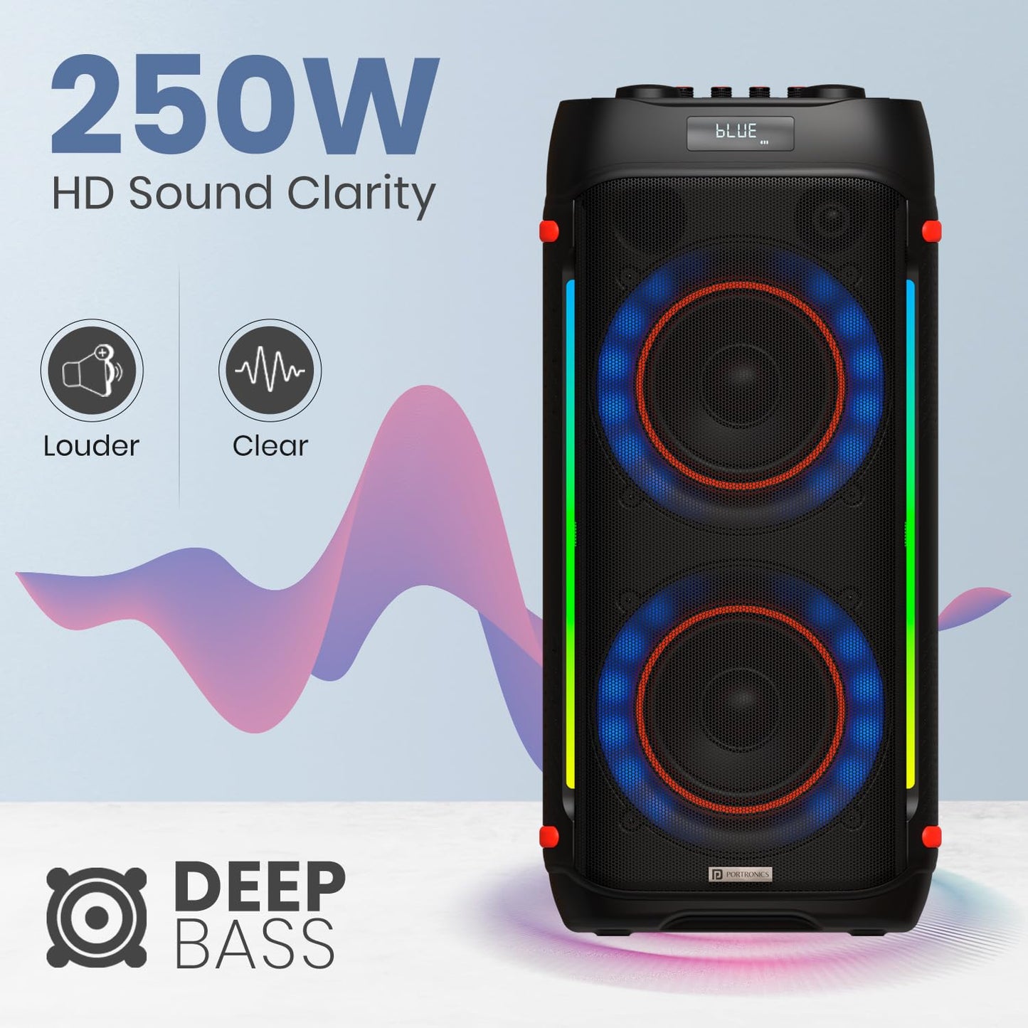 Portronics Iron Beats IV 250W Party Speaker with Dual 6" Subwoofer, Upto 4 Hours Playtime, RGB LED Lights, Wireless Karaoke Mic, Treble/Bass Adjustment, Echo Control, Remote Control(Black)