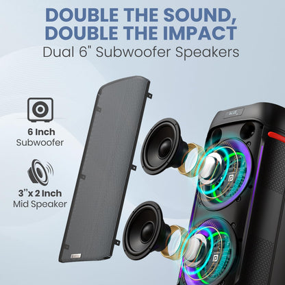 Portronics Iron Beats IV 250W Party Speaker with Dual 6" Subwoofer, Upto 4 Hours Playtime, RGB LED Lights, Wireless Karaoke Mic, Treble/Bass Adjustment, Echo Control, Remote Control(Black)