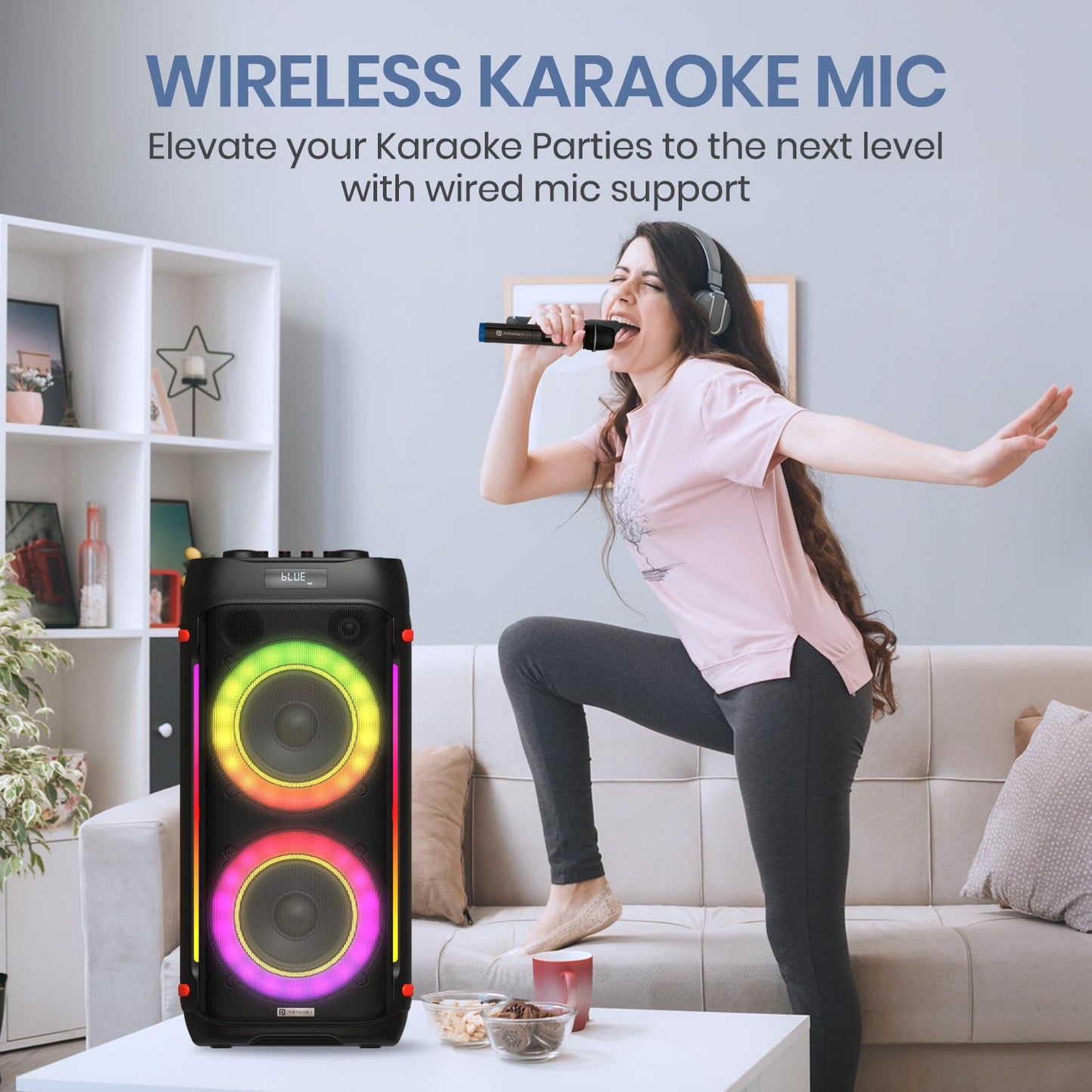 Portronics Iron Beats IV 250W Party Speaker with Dual 6" Subwoofer, Upto 4 Hours Playtime, RGB LED Lights, Wireless Karaoke Mic, Treble/Bass Adjustment, Echo Control, Remote Control(Black)