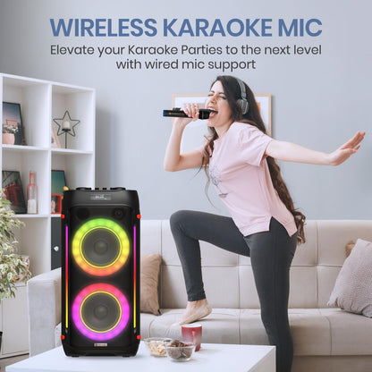 Portronics Iron Beats IV 250W Party Speaker with Dual 6" Subwoofer, Upto 4 Hours Playtime, RGB LED Lights, Wireless Karaoke Mic, Treble/Bass Adjustment, Echo Control, Remote Control(Black)