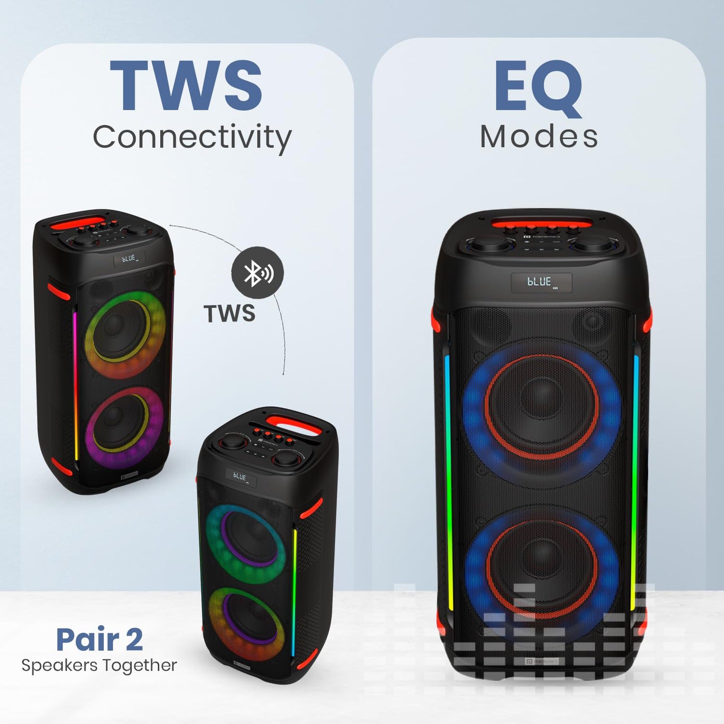 Portronics Iron Beats IV 250W Party Speaker with Dual 6" Subwoofer, Upto 4 Hours Playtime, RGB LED Lights, Wireless Karaoke Mic, Treble/Bass Adjustment, Echo Control, Remote Control(Black)