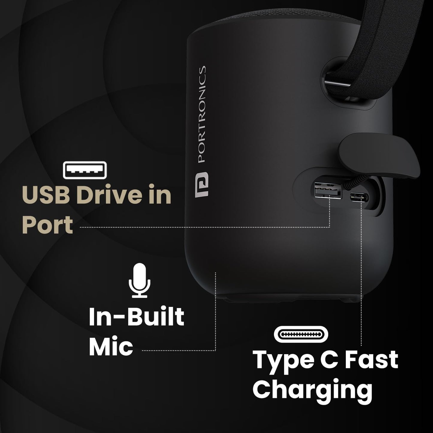 Portronics Soundpot 20W Wireless Bluetooth Portable Speaker with 360° immersive Sound, Upto 6 Hours Playtime, in Built Mic, TWS Mode, Easy Control, Strong Lanyard, Type C Fast Charging(Black)