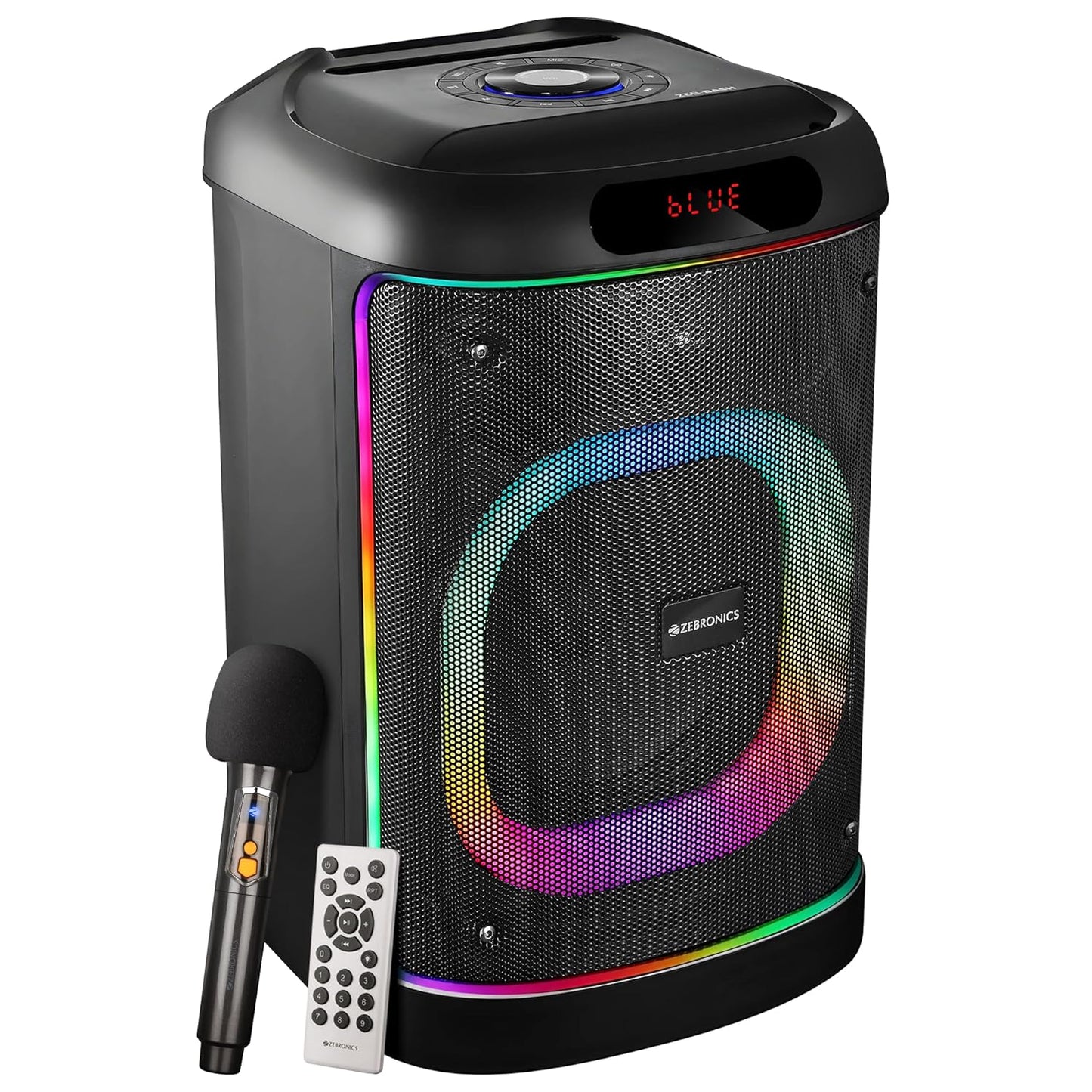 ZEBRONICS BASH Portable Bluetooth Speaker, 60W RMS, 20.32cm Full Range, Upto 6 Hours Playback, BTv5.0 | USB | mSD | AUX | TWS, RGB LED, Karaoke, Included Voice Changing Wireless Microphone