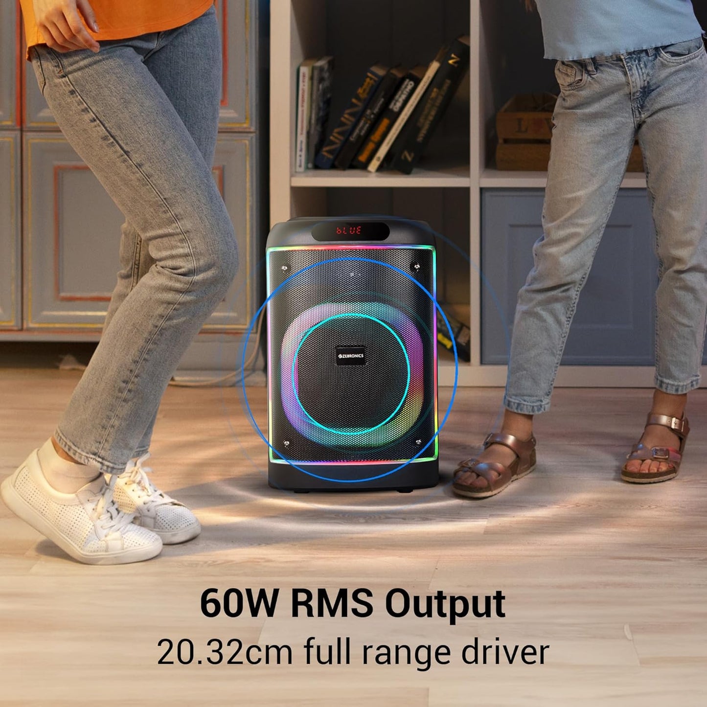 ZEBRONICS BASH Portable Bluetooth Speaker, 60W RMS, 20.32cm Full Range, Upto 6 Hours Playback, BTv5.0 | USB | mSD | AUX | TWS, RGB LED, Karaoke, Included Voice Changing Wireless Microphone
