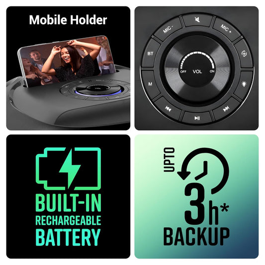 ZEBRONICS BASH Portable Bluetooth Speaker, 60W RMS, 20.32cm Full Range, Upto 6 Hours Playback, BTv5.0 | USB | mSD | AUX | TWS, RGB LED, Karaoke, Included Voice Changing Wireless Microphone