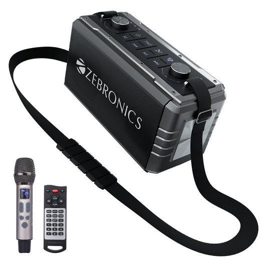 ZEBRONICS Music Bomb 2 Party Speaker with 80W, Supports Bluetooth, 6h Backup, USB, mSD, AUX, 6.3mm Guitar Input, TWS, Karaoke, Wireless Microphone, Detachable Carry Strap