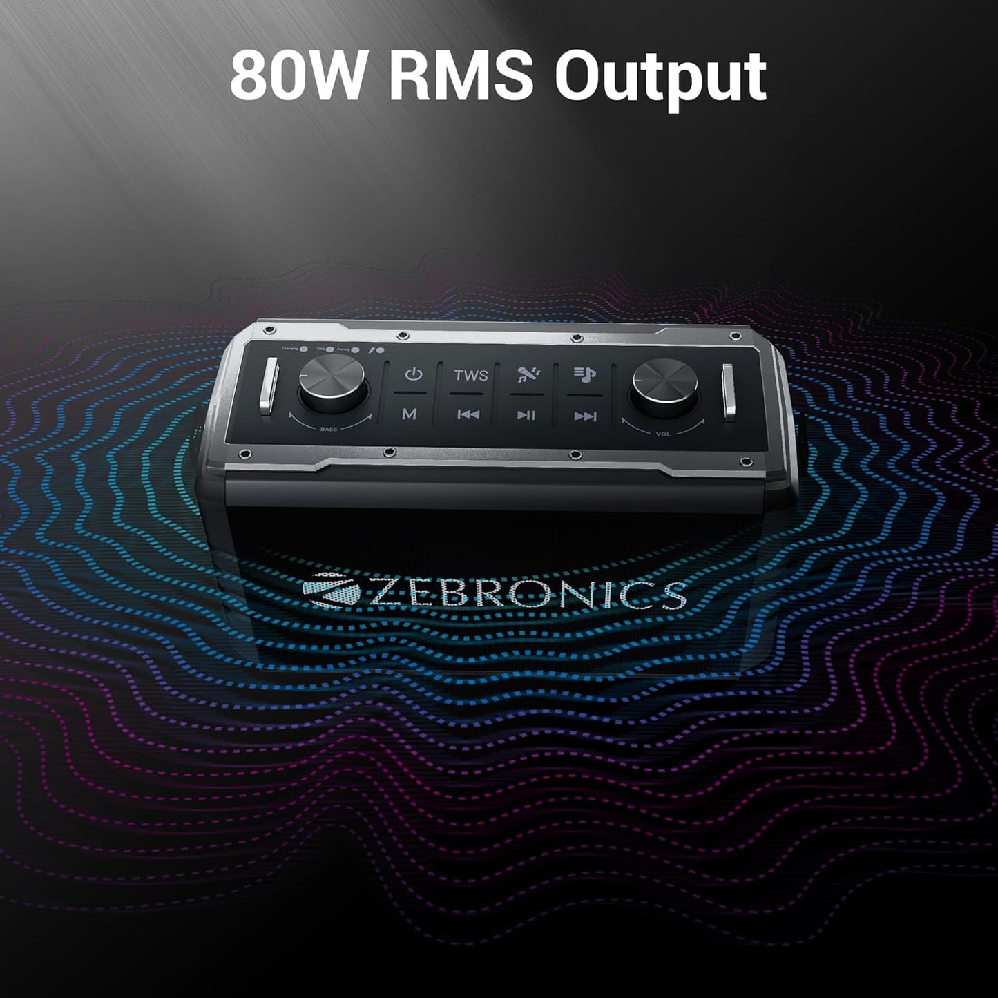 ZEBRONICS Music Bomb 2 Party Speaker with 80W, Supports Bluetooth, 6h Backup, USB, mSD, AUX, 6.3mm Guitar Input, TWS, Karaoke, Wireless Microphone, Detachable Carry Strap