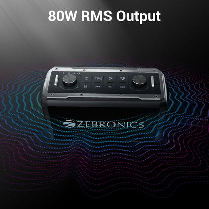 ZEBRONICS Music Bomb 2 Party Speaker with 80W, Supports Bluetooth, 6h Backup, USB, mSD, AUX, 6.3mm Guitar Input, TWS, Karaoke, Wireless Microphone, Detachable Carry Strap