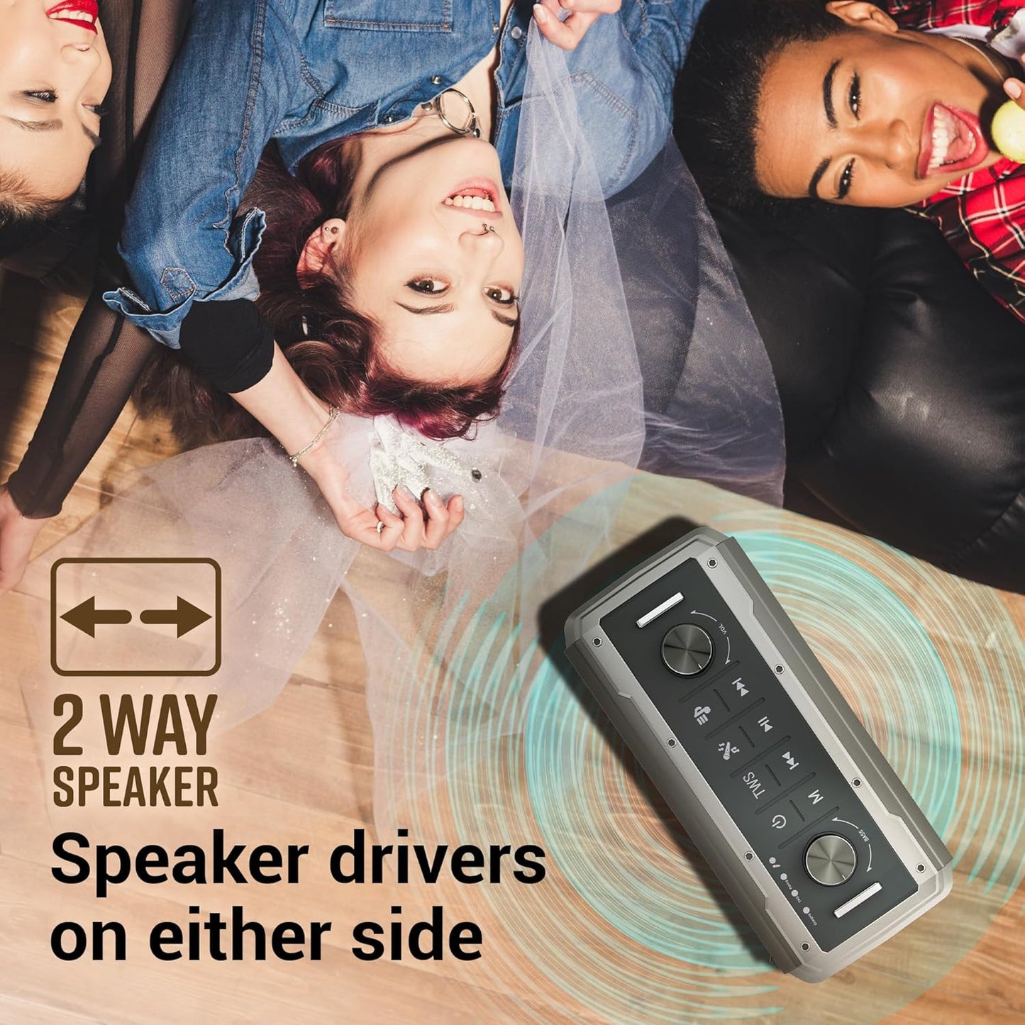ZEBRONICS Music Bomb 2 Party Speaker with 80W, Supports Bluetooth, 6h Backup, USB, mSD, AUX, 6.3mm Guitar Input, TWS, Karaoke, Wireless Microphone, Detachable Carry Strap