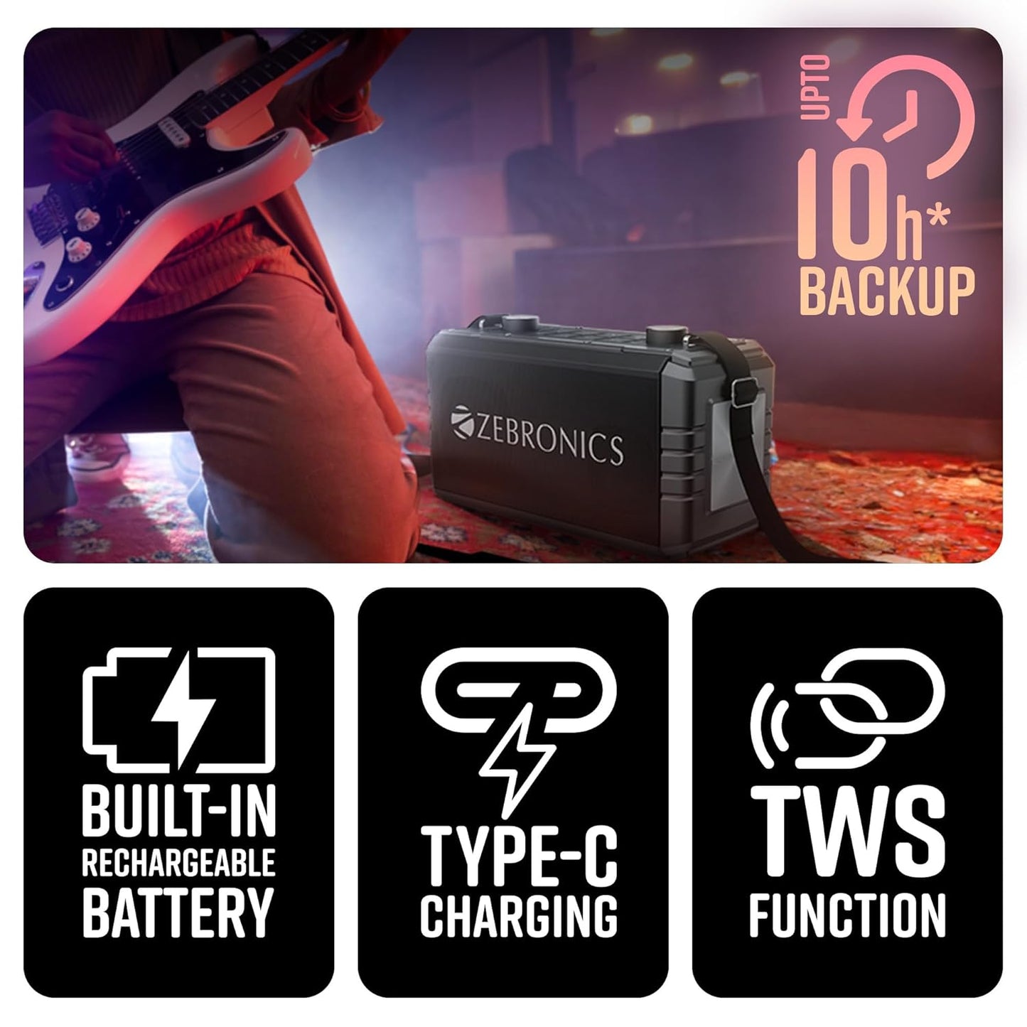 ZEBRONICS Music Bomb 2 Party Speaker with 80W, Supports Bluetooth, 6h Backup, USB, mSD, AUX, 6.3mm Guitar Input, TWS, Karaoke, Wireless Microphone, Detachable Carry Strap